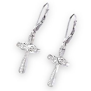 New Woman’s Sterling Silver Infinity Crucifix Cross White Sapphire Earrings